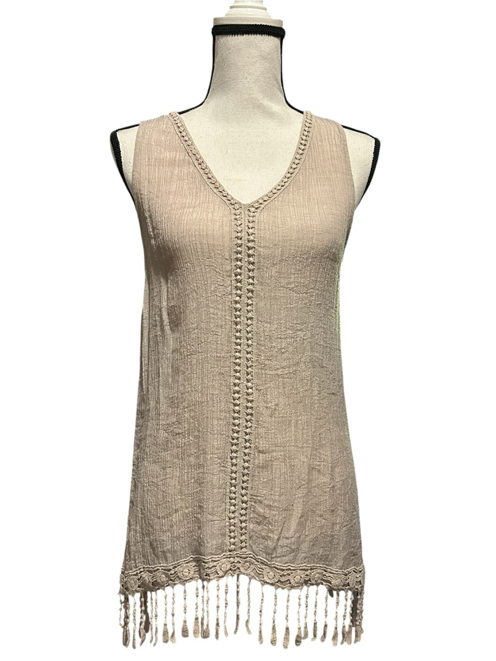 Beige Crochet-Trim Fringe Tank top